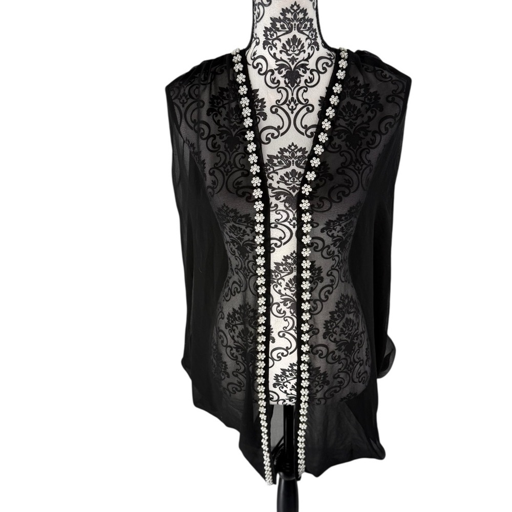 Betsey Johnson Pearled Trim Black Sheer Shawl Beaded Flower Pearl Border Wrap
